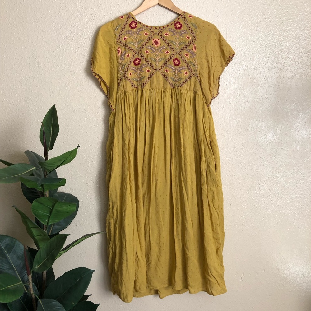 Zara Mustard Yellow Embroidered Midi Dress